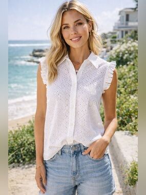 Lilly Pulitzer Lenox Eyelet White Ruffle Sleeve Blouse Size 6